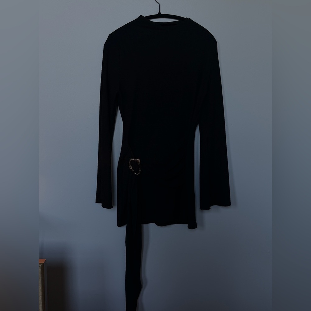 Black Long-Sleeve Top with Side Drape and Buckle